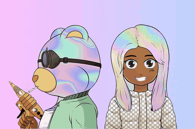 a cartoon of a teddy bear holding a gun next to a girl