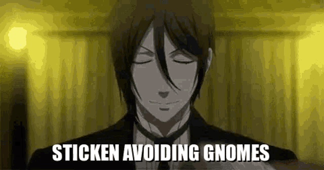 a man in a suit and tie is standing in a room with his eyes closed and the words sticken avoiding gnomes .