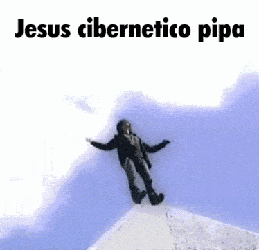 a man is flying through the air on top of a snow covered mountain with the words jesus cibernetico pipa above him .