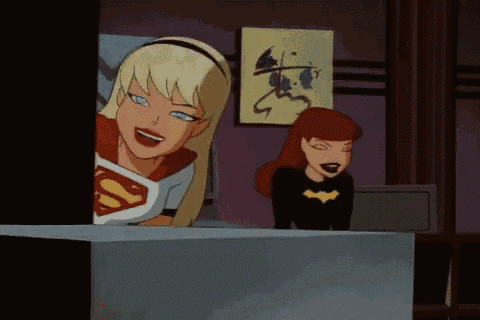 a cartoon of supergirl and batgirl laughing in a room