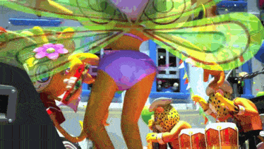 a woman in a purple bikini is dancing in front of a group of people wearing cheetah costumes .