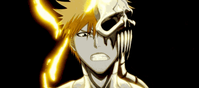a cartoon character has a skull on his head and a fire behind him