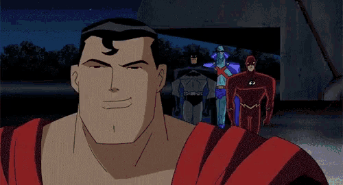 a cartoon of superman saying " take him down now " in front of a group of superheroes