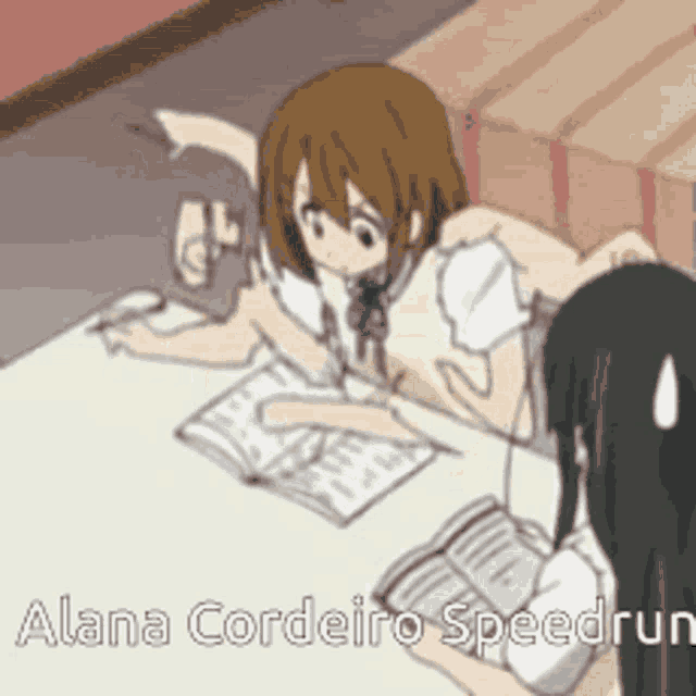a cartoon of two girls sitting at a table with alana cordeiro speedrun written in white letters