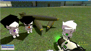 a computer screen shows three cartoon characters standing next to a large bomb