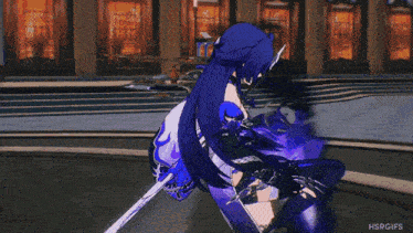 a girl with long blue hair is holding a sword in her hands .