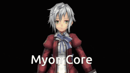 a girl with green hair is giving a peace sign in front of an explosion with the words myon core written on the bottom