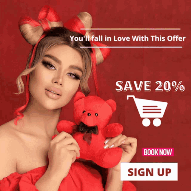 a woman in a red dress holding a red teddy bear with the words save 20 % below her