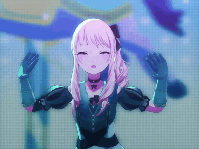 a girl with pink hair and blue gloves is standing in front of a blue background