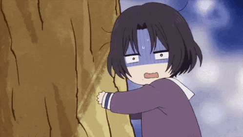 a cartoon girl is peeking out from behind a tree and making a funny face .