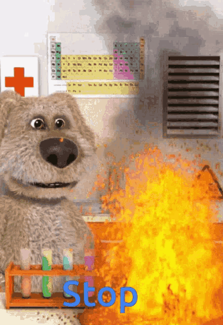 a cartoon dog is standing in front of a fire and the word stop is on the bottom