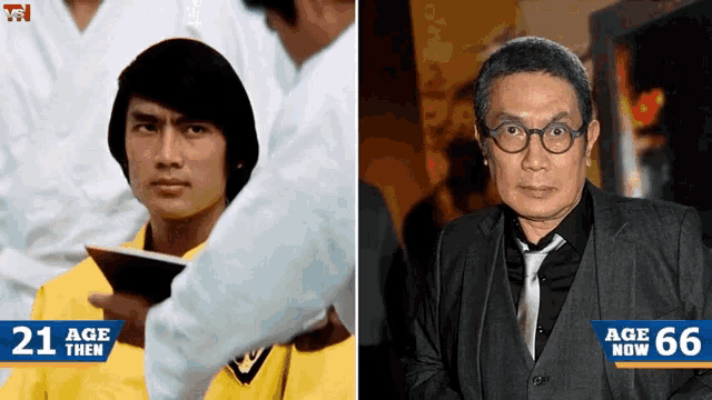 a man in a yellow shirt is next to a man in a suit and tie with age now 66 on the bottom
