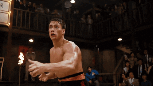 a poster for the movie bloodsport shows a man running in a boxing ring