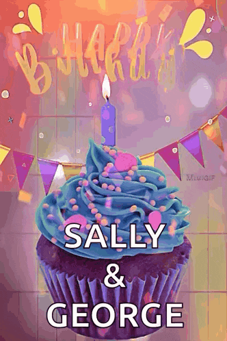 a purple cupcake with blue frosting and sally and george on it