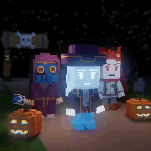 a group of pixelated characters are standing next to pumpkins