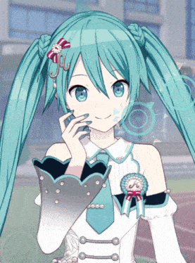 hatsune miku is wearing a white outfit with pearls and ribbons