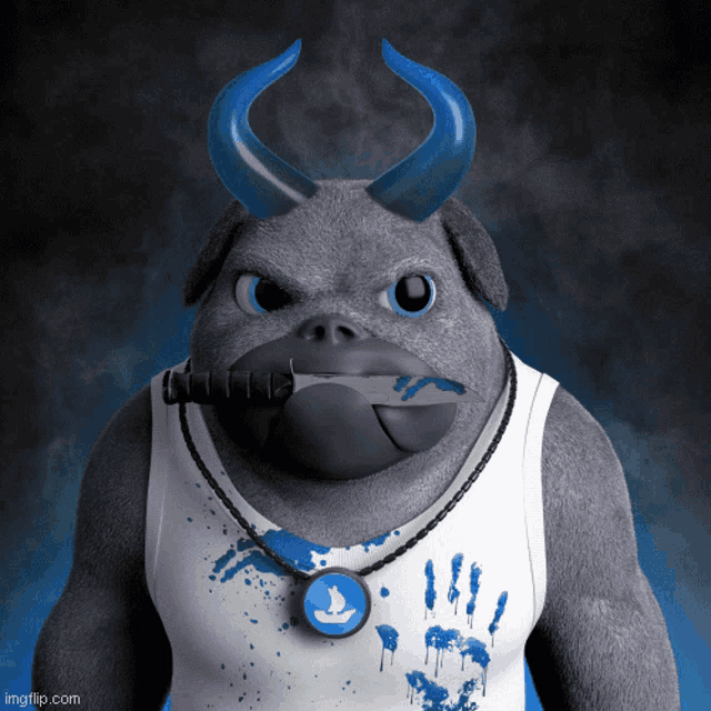 a 3d rendering of a bull with horns and a knife in his mouth
