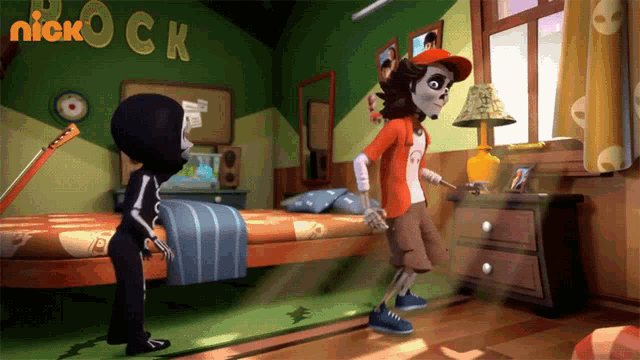 a cartoon character is standing in a bedroom with a sign that says nick rock