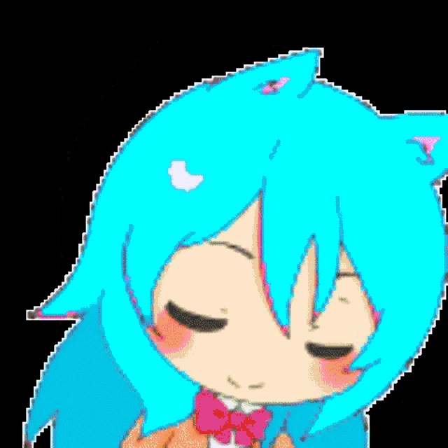 a pixel art of a girl with blue hair and cat ears wearing a bow tie .