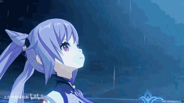 a girl with purple hair and pink eyes is looking up at the sky