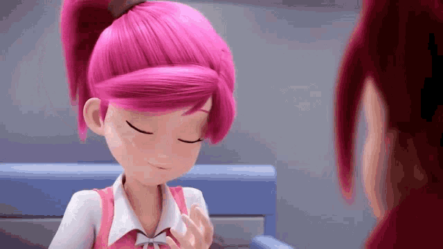 a cartoon girl with pink hair is sitting next to a woman with red hair