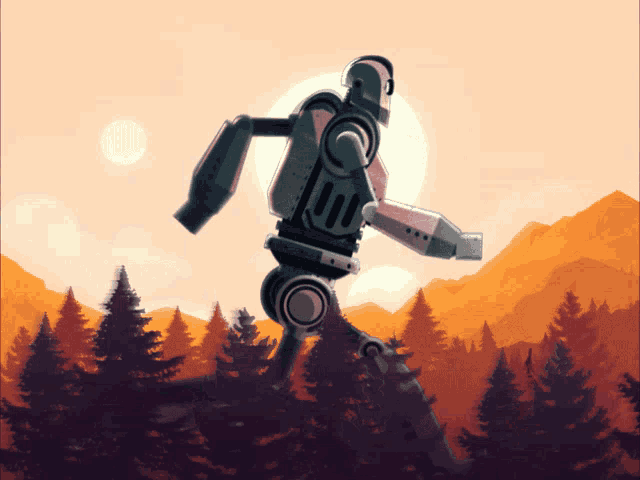 a drawing of a robot walking through a forest