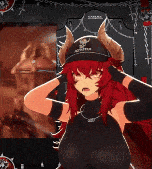 a girl with red hair is wearing a black rockstar hat