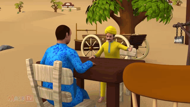 a man in a turban sits at a table with another man in front of a sign that says ' 31808 '