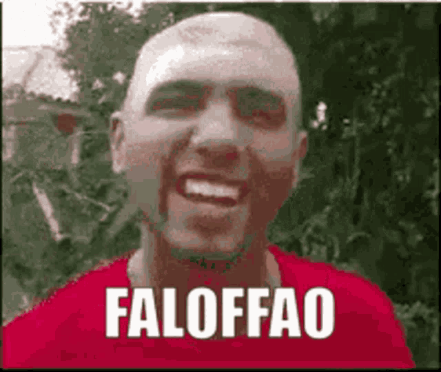 a bald man wearing a red shirt is smiling and the words faloffao are on the screen .