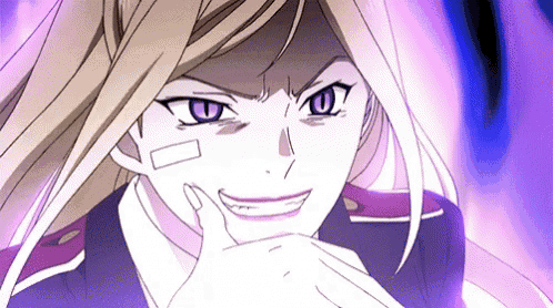 a close up of a blonde anime girl with a purple background making a face .