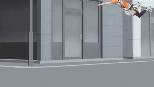 two anime girls are laying on the ground with their arms outstretched in front of a doorway