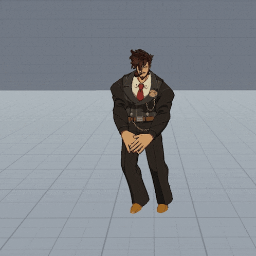 a cartoon drawing of a man in a suit standing on a tiled floor