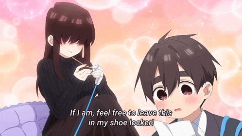 a girl is knitting next to a boy who says " if i am feel free to leave this in my shoe locker "