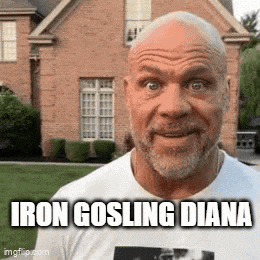 a bald man with a beard wearing a white shirt is standing in front of a brick house and making a face .