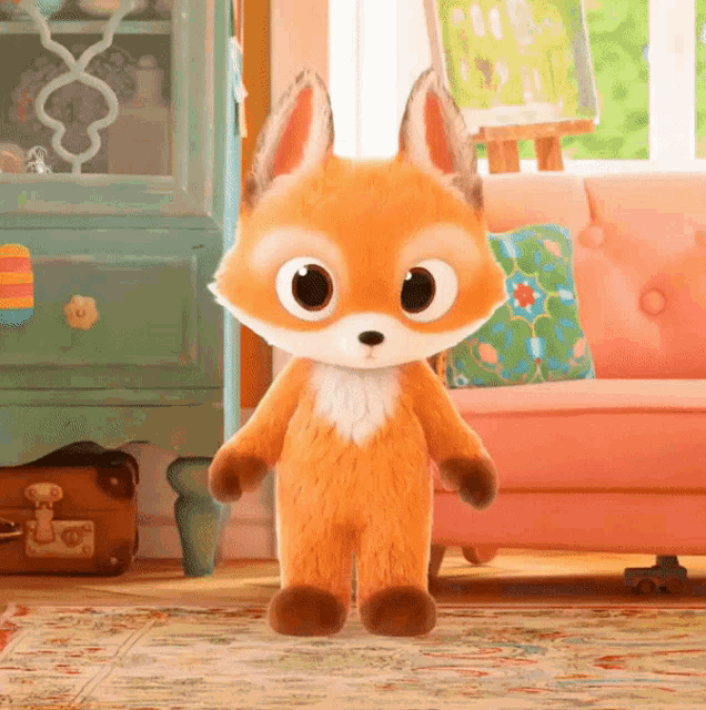 a stuffed fox is standing in front of a pink couch in a living room