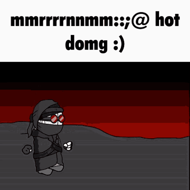 a cartoon character with red eyes is standing in a dark room with the words " @ hot domg :) " above him