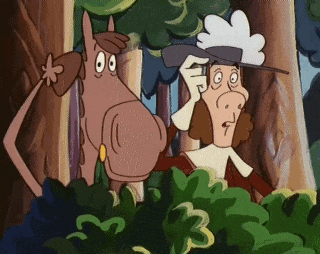 a cartoon of a man standing next to a horse in a forest