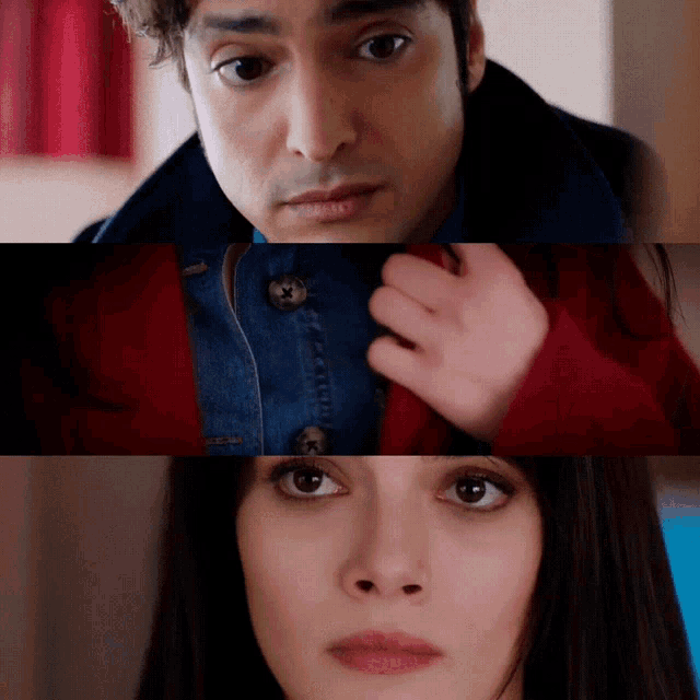 a man and a woman are looking at each other in a collage