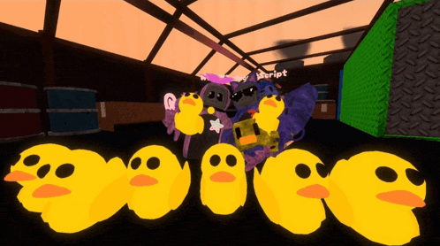 a bunch of yellow ducks are standing next to each other and one of them has the name verriet on it