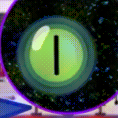 a green eye with a black line in the middle of it