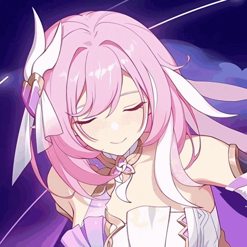 a girl with pink hair and white feathers on her head