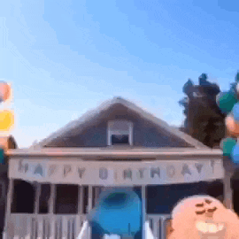 a house is decorated with balloons and a banner that says happy birthday