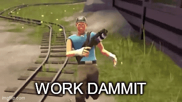 a video game character is running on train tracks with the words work dammit below him .