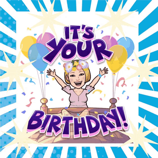 a birthday greeting card with a girl holding balloons and the words " it 's your birthday "