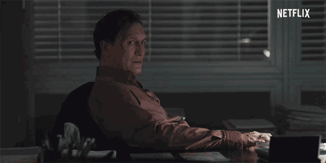 a man sits at a desk in front of a window with a netflix logo behind him