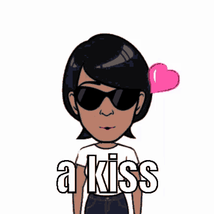 a cartoon of a woman wearing sunglasses and a white shirt with the words `` a kiss '' on it .