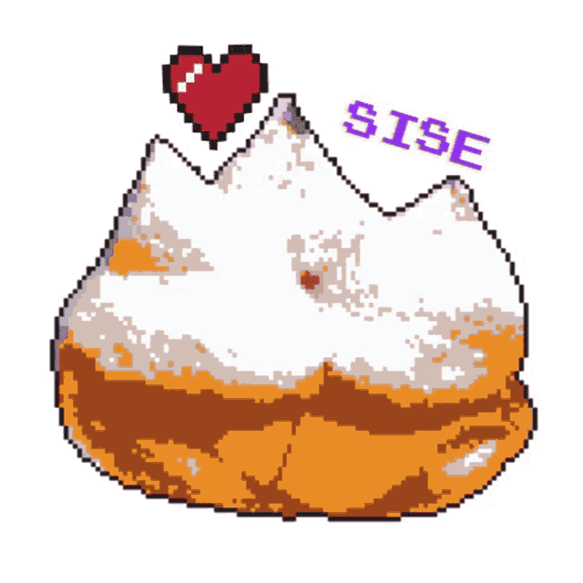 a pixel art drawing of a cake with a heart and the word sise below it