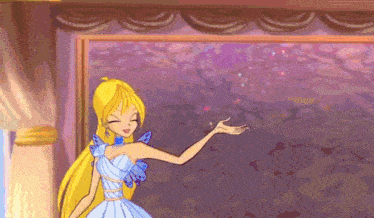 a cartoon girl in a blue dress with butterflies on her shoulder