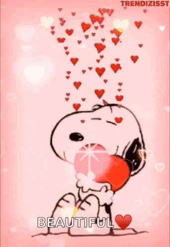 snoopy is holding a heart in his mouth surrounded by hearts .