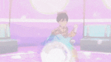 a man wearing a crown and a blue cape is dancing on a stage .